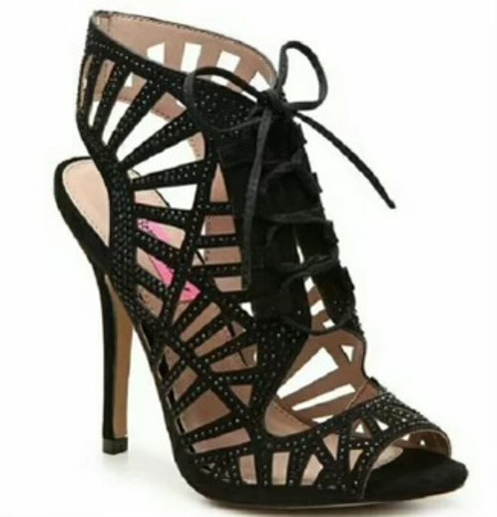 #BETSEY JOHNSON Lexxe Lace Up Rhinestone Cage Heels Black Size 7